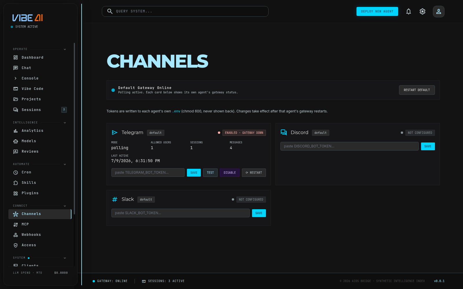 VibeAI OS channels page, Telegram bot configured